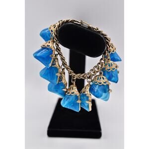 Vintage Chunky Charm Bracelet Blue Lucite Gold Tone Chain Chunky 1940s BinO